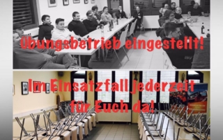 Die Collage zeigt ein Bild mit Feuerwehrleuten und eins ohne im Schulungsraum der Feuerwehr.